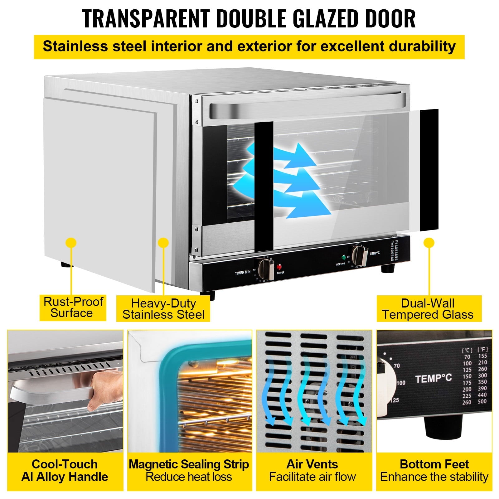 KFFKFF Commercial Convection Oven, 66L/60Qt, Half-Size Conventional Oven Countertop, 1800W 4-Tier Toaster with Front Glass Door, Electric Baking Oven with Trays Wire Racks Clip Gloves, 120V