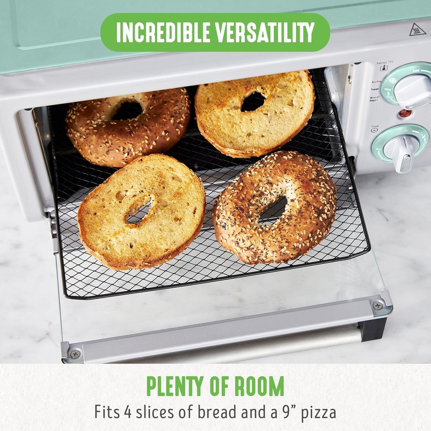 Countertop Toaster Oven  Fryer Stainless Steel, Healthy Ceramic Nonstick, PFAS and PFOA-, Tray & Basket, Bake, Broil, Reheat, Adjustable Temp &  Control, Auto Shutoff, Turquoise