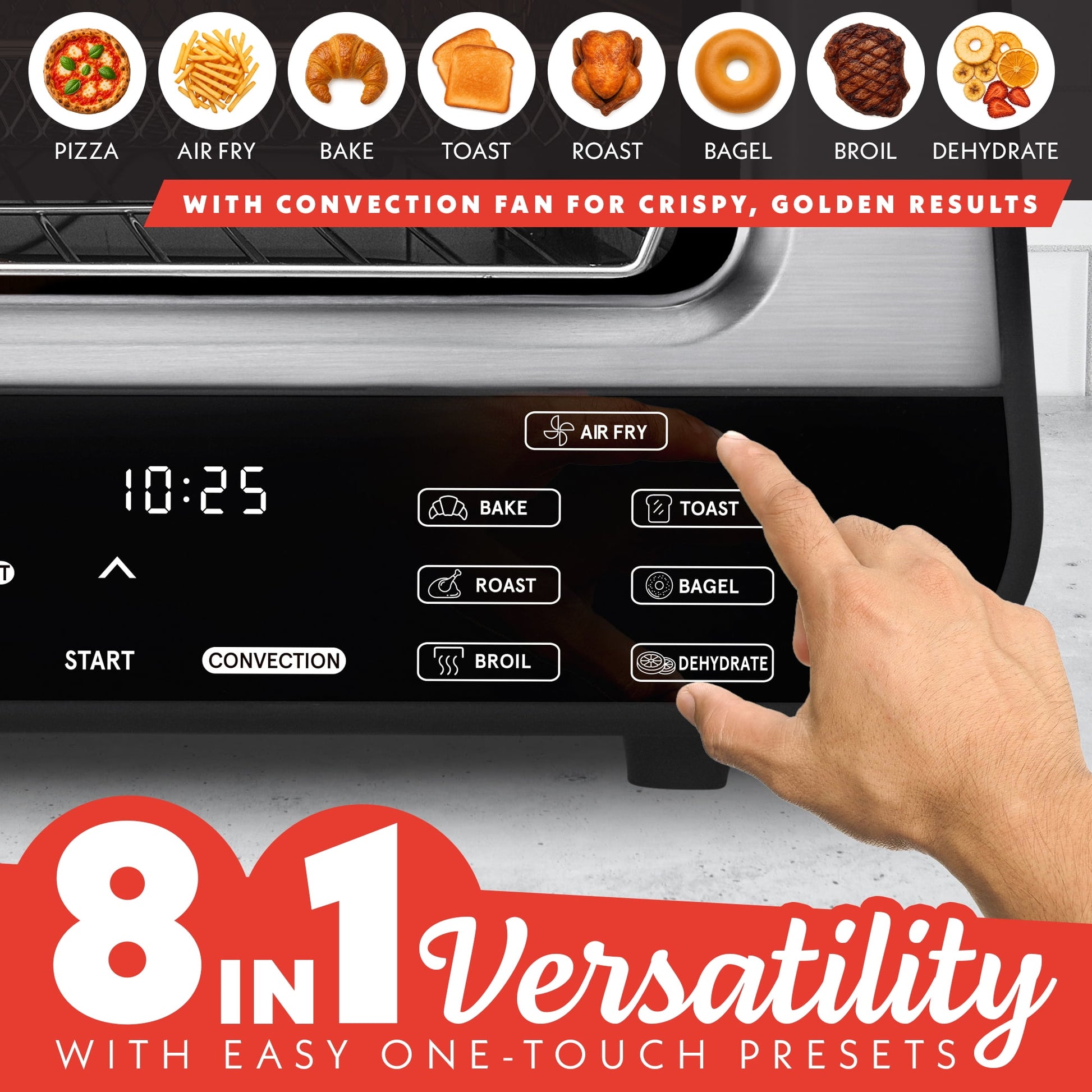 Gourmia GPM1270 All-In-One Pizza Oven, Toaster, and Air Fryer with 6 Pizza Presets and 7 Cooking Functions - Stainless Steel