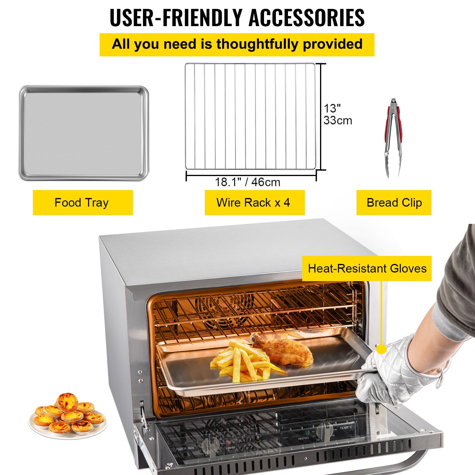 KFFKFF Commercial Convection Oven, 66L/60Qt, Half-Size Conventional Oven Countertop, 1800W 4-Tier Toaster with Front Glass Door, Electric Baking Oven with Trays Wire Racks Clip Gloves, 120V