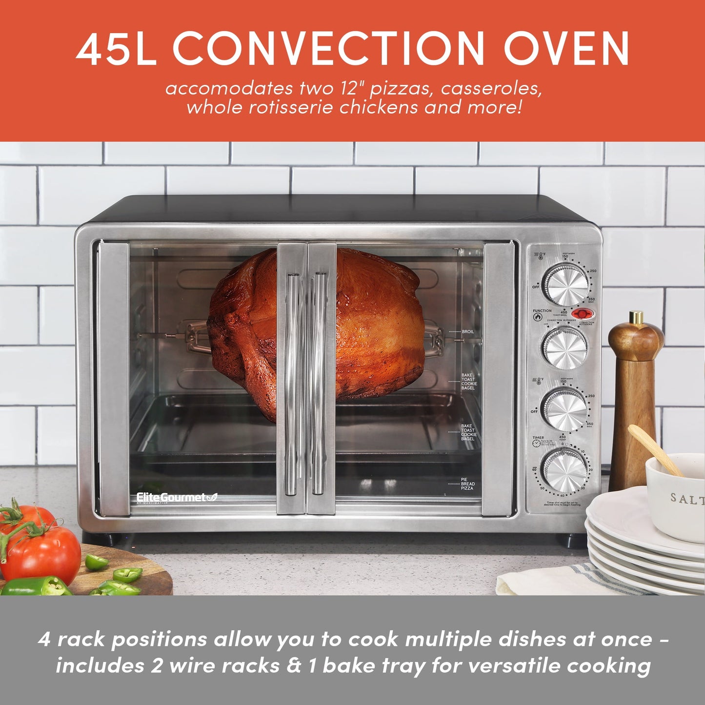 Elite Gourmet ETO-4510M New Double Door Oven with Rotisserie and Convection