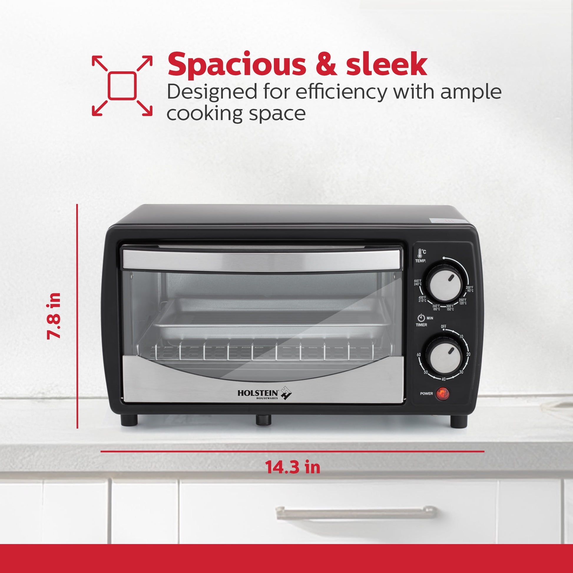 Holstein Housewares 4 Slice Countertop Toaster Oven with 60 Minute Timer Includes Pan and Wire Rack, Bake, Broil, Toast, Black