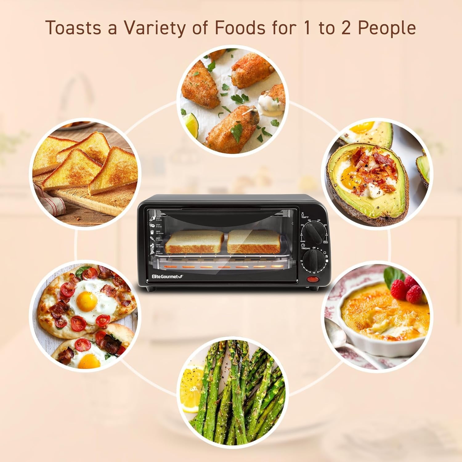 ETO236 Personal Compact 2 Slice Countertop Toaster Oven with 15 Minute Timer & Adjustable Temperature, Bake, Broil, & Toast, Black