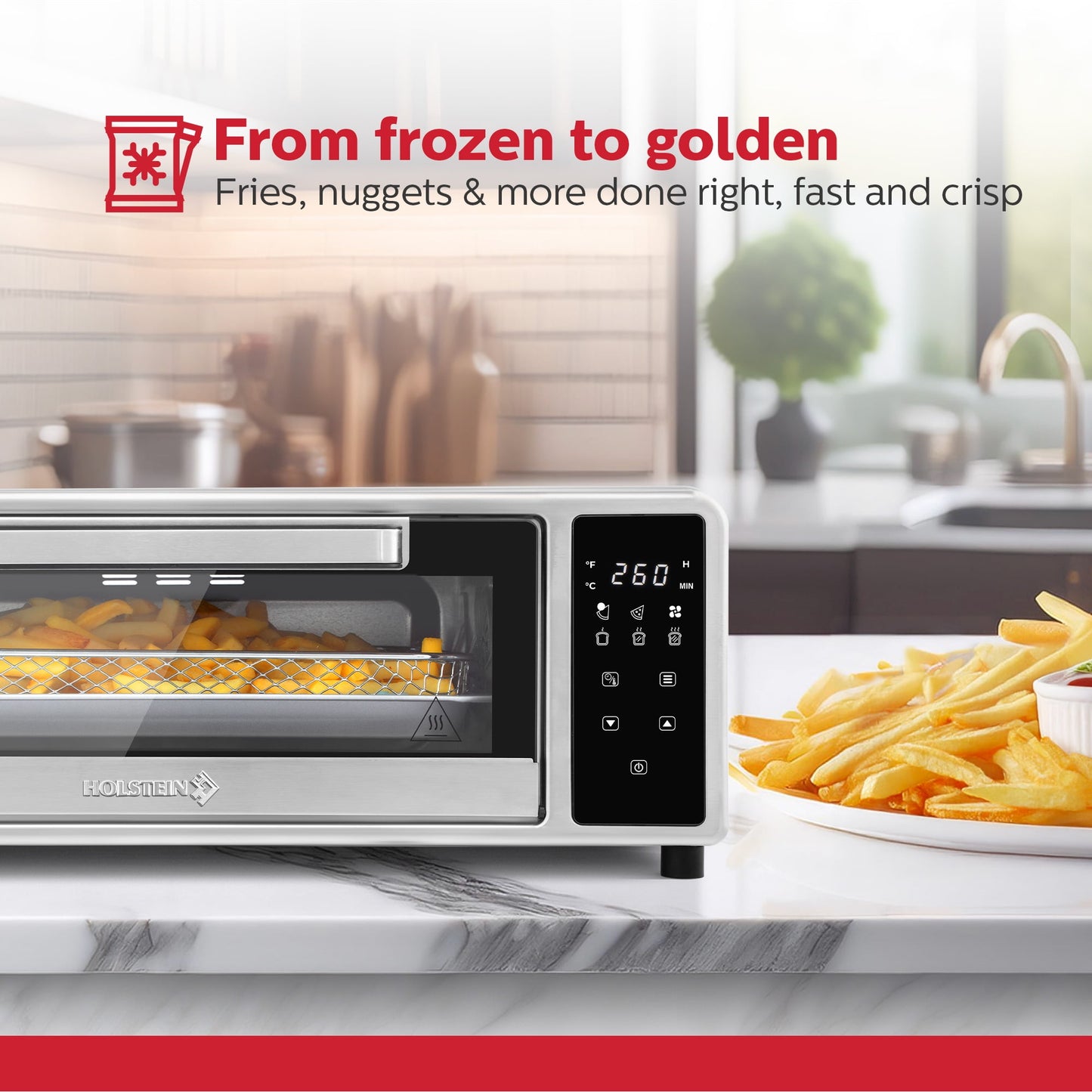 Holstein Housewares Pizza Air Fryer Oven 600°F – 12-Inch Countertop Convection Oven with Air Fryer, Bake, Toast, and Broil Functions, 1700W, Compact Design for Quick Meals, Stainless Steel