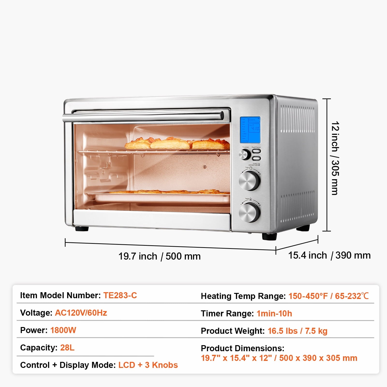KFFKFF 28L Multifunction Countertop Oven, 1800W, 4-Tier, Front Glass Door, Includes Trays, Wire Racks, Gloves for Home & Commercial