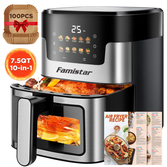 Air Fryer 7.5QT, 10 Preset Programs Air Fryer Oven, 10-in-1 Digital LED Touch Screen, 95% Less Oil, Dishwasher-Safe, 1400W Fast Heating, Visible Window, Air Fryer with 100Pcs Liner