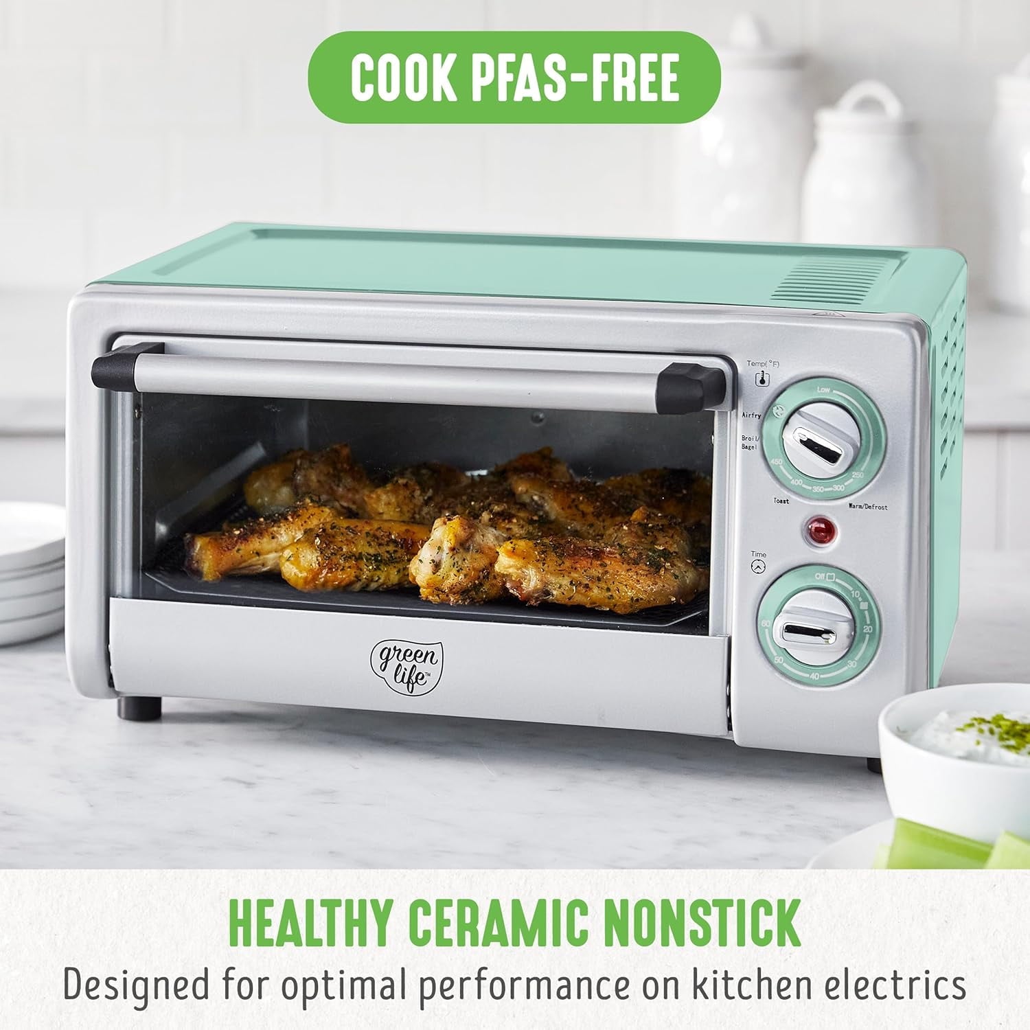 Countertop Toaster Oven  Fryer Stainless Steel, Healthy Ceramic Nonstick, PFAS and PFOA-, Tray & Basket, Bake, Broil, Reheat, Adjustable Temp &  Control, Auto Shutoff, Turquoise