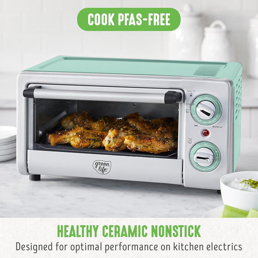 Countertop Toaster Oven  Fryer Stainless Steel, Healthy Ceramic Nonstick, PFAS and PFOA-, Tray & Basket, Bake, Broil, Reheat, Adjustable Temp &  Control, Auto Shutoff, Turquoise