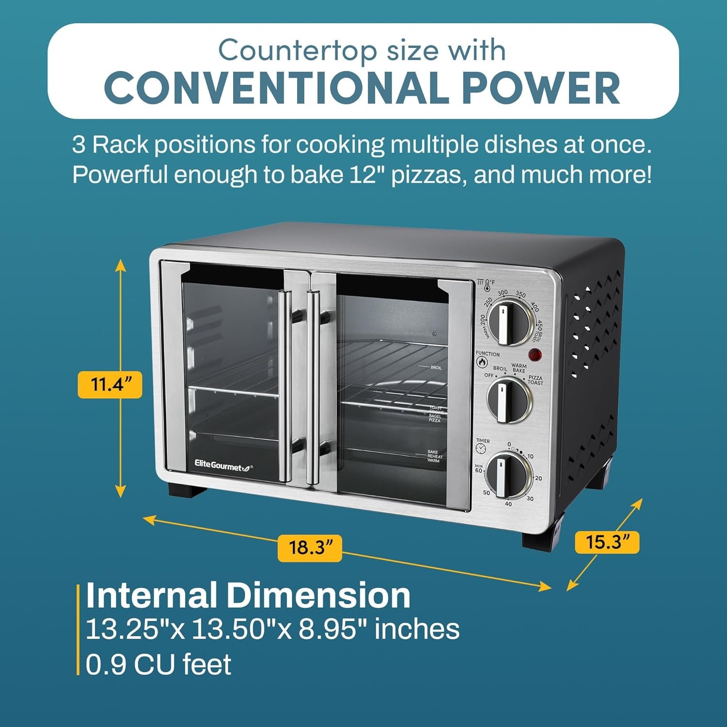 Double French Door Toaster Oven, 25L Capacity, Stainless Steel & Black