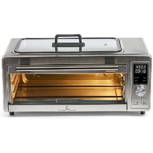 Emeril Power Grill 360, 6-in-1 Countertop Convection Toaster Oven with Top Indoor Grill, Air Fry, Roast, Toast, Bake, Dehydrate, Glass Lid, Stainless Steel