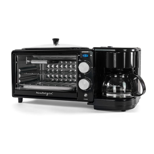 Nostalgia 3-in-1 Retro Breakfast Station - Includes 5 Cup Coffee Maker, Non-Stick Ceramic Griddle, and 4-Slice Toaster Oven - Built-In Timer, Reusable Coffee Filter, Space-Saving Design - Black
