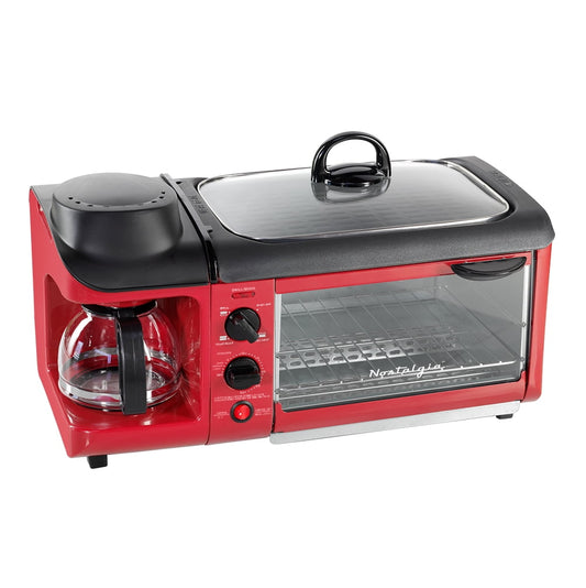 Nostalgia BST3RR Retro 3-in-1 Family Size Electric Breakfast Station, Coffeemaker, Griddle, Toaster Oven - Retro Red