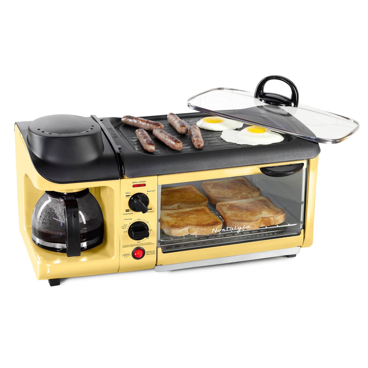 Nostalgia BST3RR Retro 3-in-1 Family Size Electric Breakfast Station, Coffeemaker, Griddle, Toaster Oven - Retro Red