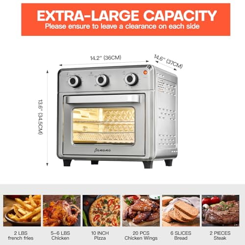 Panana Compact Airfryer Toaster Oven, 1400W 21QT with 6-in-1 Multifunctions and Wide Temperature Range, Air Fryer Oven with 60-Minute Timer/Auto-Off, Stainless Steel Countertop Ove