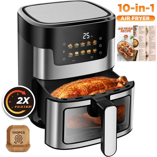 Portable 7.5 QT Air Fryer Oven with 10 Preset Cookings, 10-in-1 Touch Screen, Visible Window, Dishwasher-Safe, Oiless Hot Air Fryer, Includes 100Pcs Paper Liners