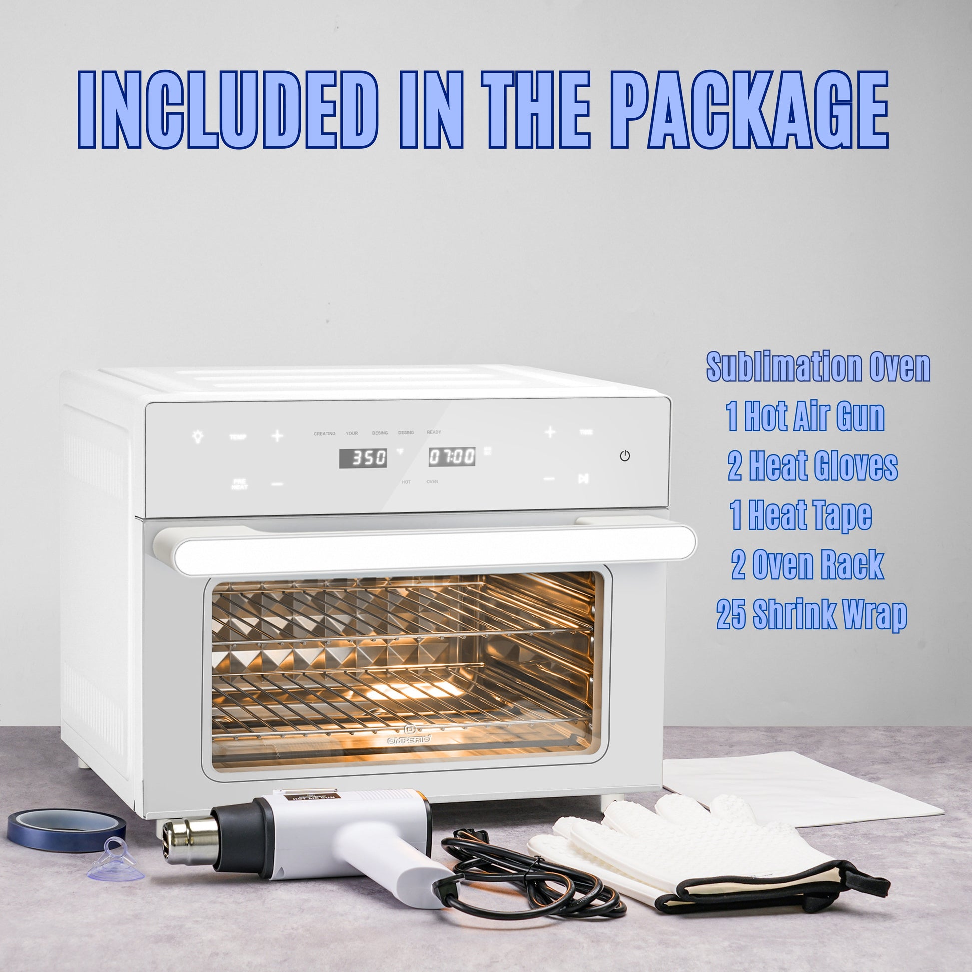 OMPERIO Sublimation Oven Machine for Tumblers, 32Qt 110V 1800W Convection Oven for Sublimation Blank Mugs Tumblers Bowls Glasses Bottles, 1 Heat Air Gun, 25 Shrink Wrap, 2 Heat Gloves, Heat Tape