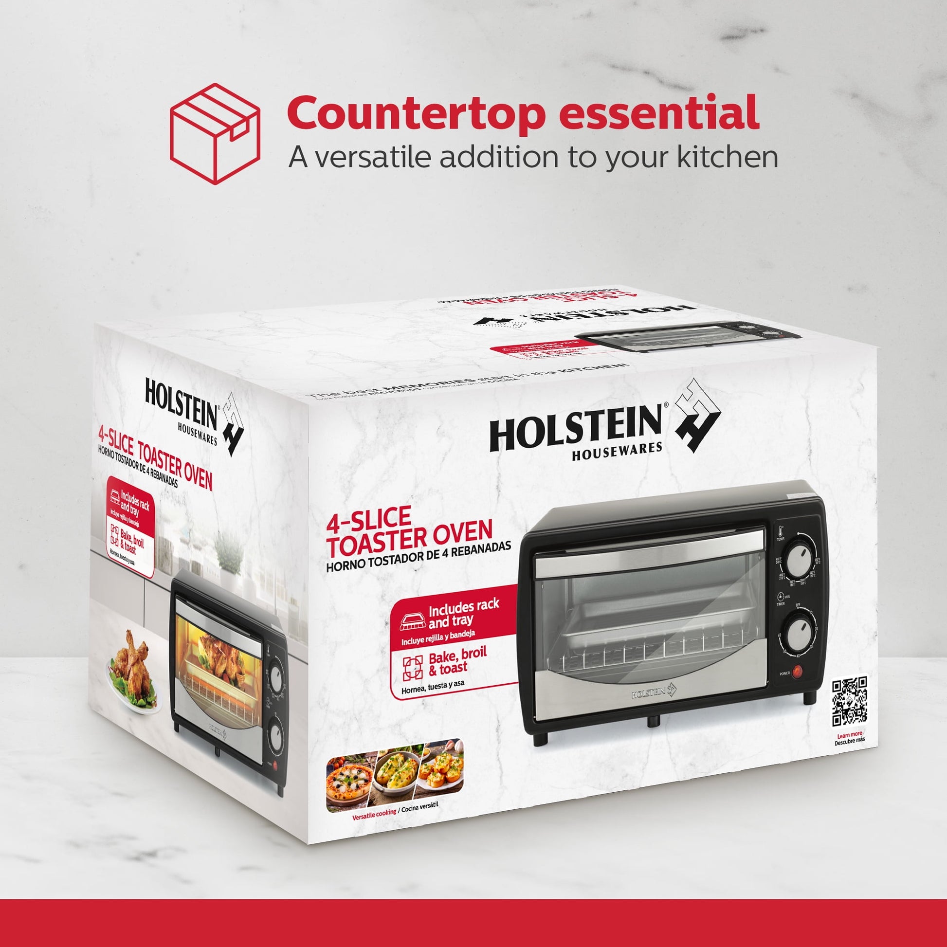 Holstein Housewares 4 Slice Countertop Toaster Oven with 60 Minute Timer Includes Pan and Wire Rack, Bake, Broil, Toast, Black