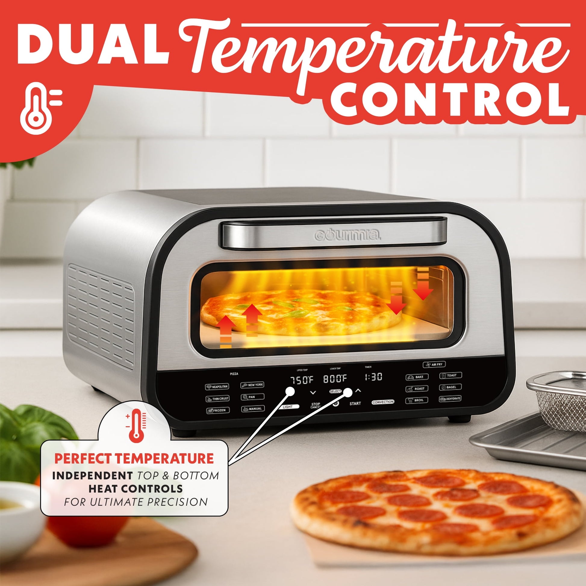 Gourmia GPM1270 All-In-One Pizza Oven, Toaster, and Air Fryer with 6 Pizza Presets and 7 Cooking Functions - Stainless Steel