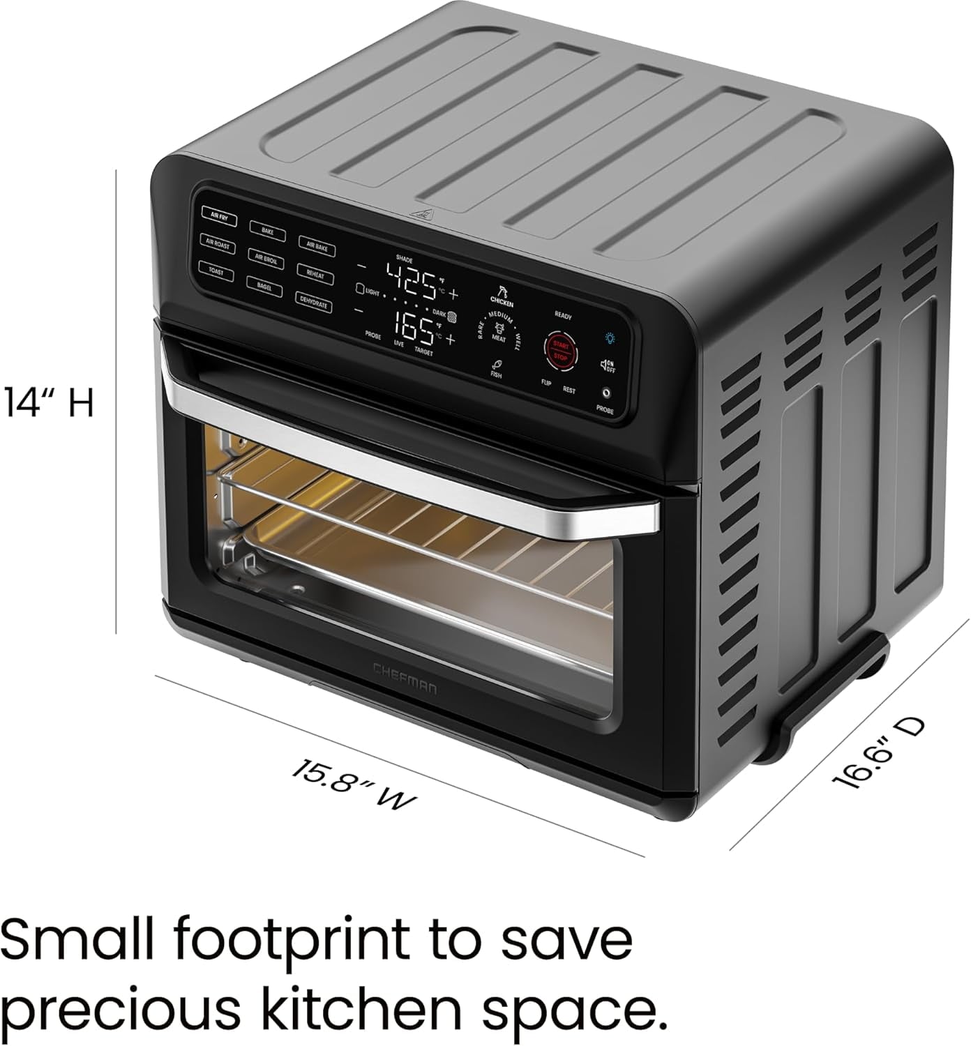 Chefman 12-in-1 Air Fryer Oven Combo w/ Probe Thermometer, 20 Qt Capacity - Black Stainless Steel, New