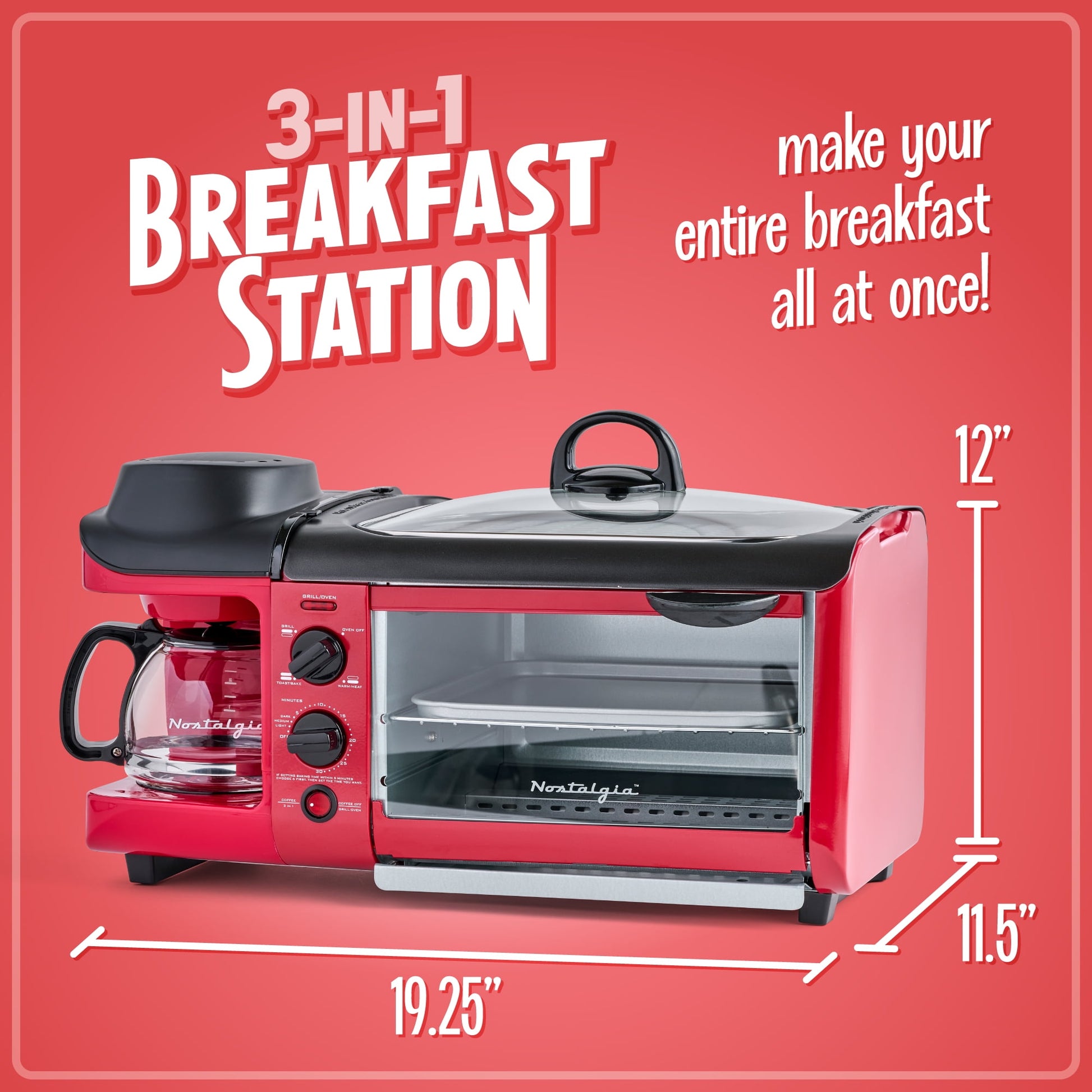 Nostalgia BST3RR Retro 3-in-1 Family Size Electric Breakfast Station, Coffeemaker, Griddle, Toaster Oven - Retro Red