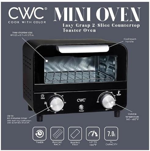 COOK WITH COLOR Mini Toaster Oven: 600W Power, Precision Timer, Auto Shutoff, and Culinary Delights Up To 450 Degrees, Black