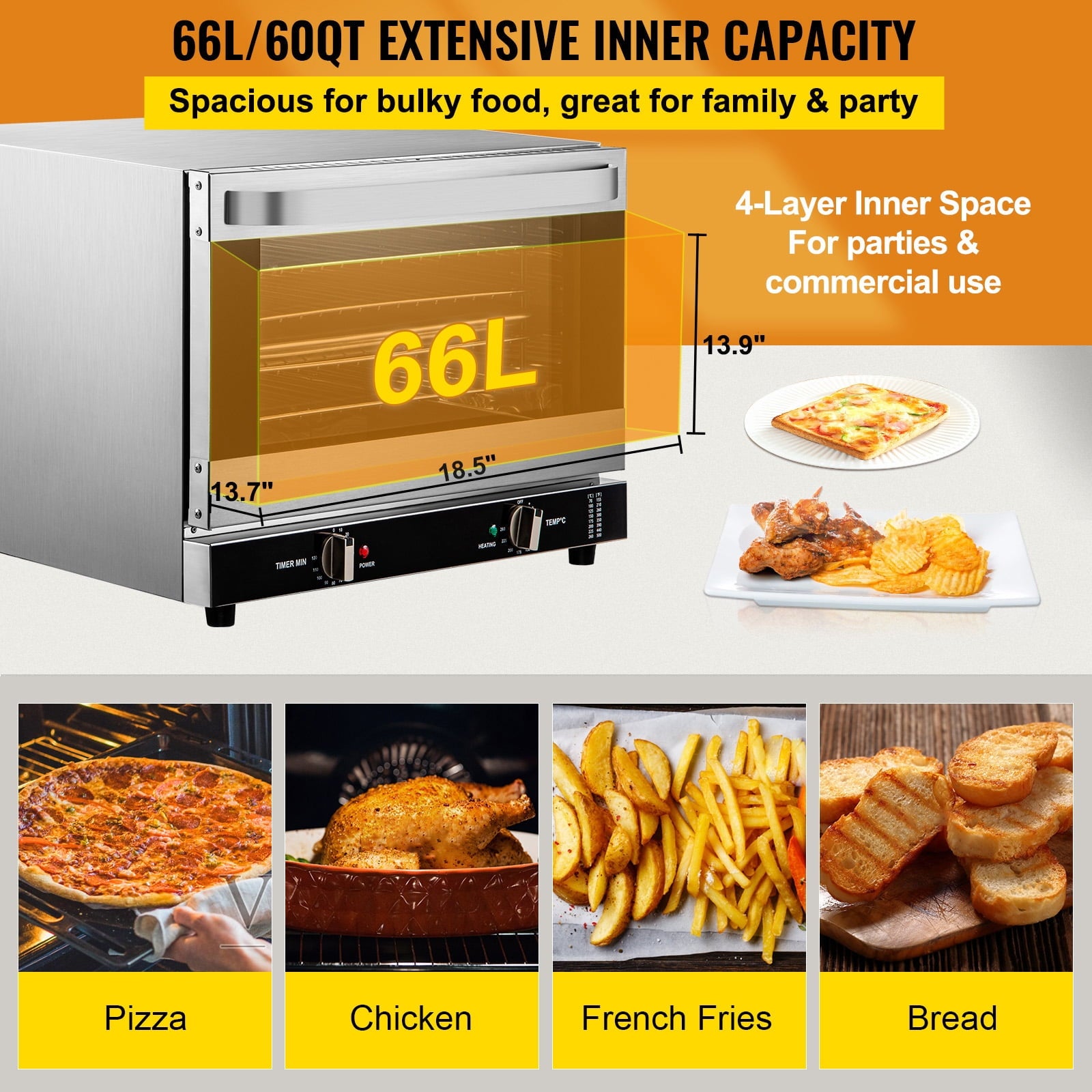 KFFKFF Commercial Convection Oven, 66L/60Qt, Half-Size Conventional Oven Countertop, 1800W 4-Tier Toaster with Front Glass Door, Electric Baking Oven with Trays Wire Racks Clip Gloves, 120V