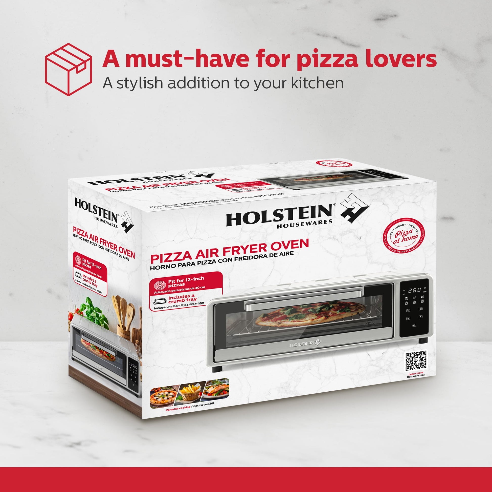 Holstein Housewares Pizza Air Fryer Oven 600°F – 12-Inch Countertop Convection Oven with Air Fryer, Bake, Toast, and Broil Functions, 1700W, Compact Design for Quick Meals, Stainless Steel