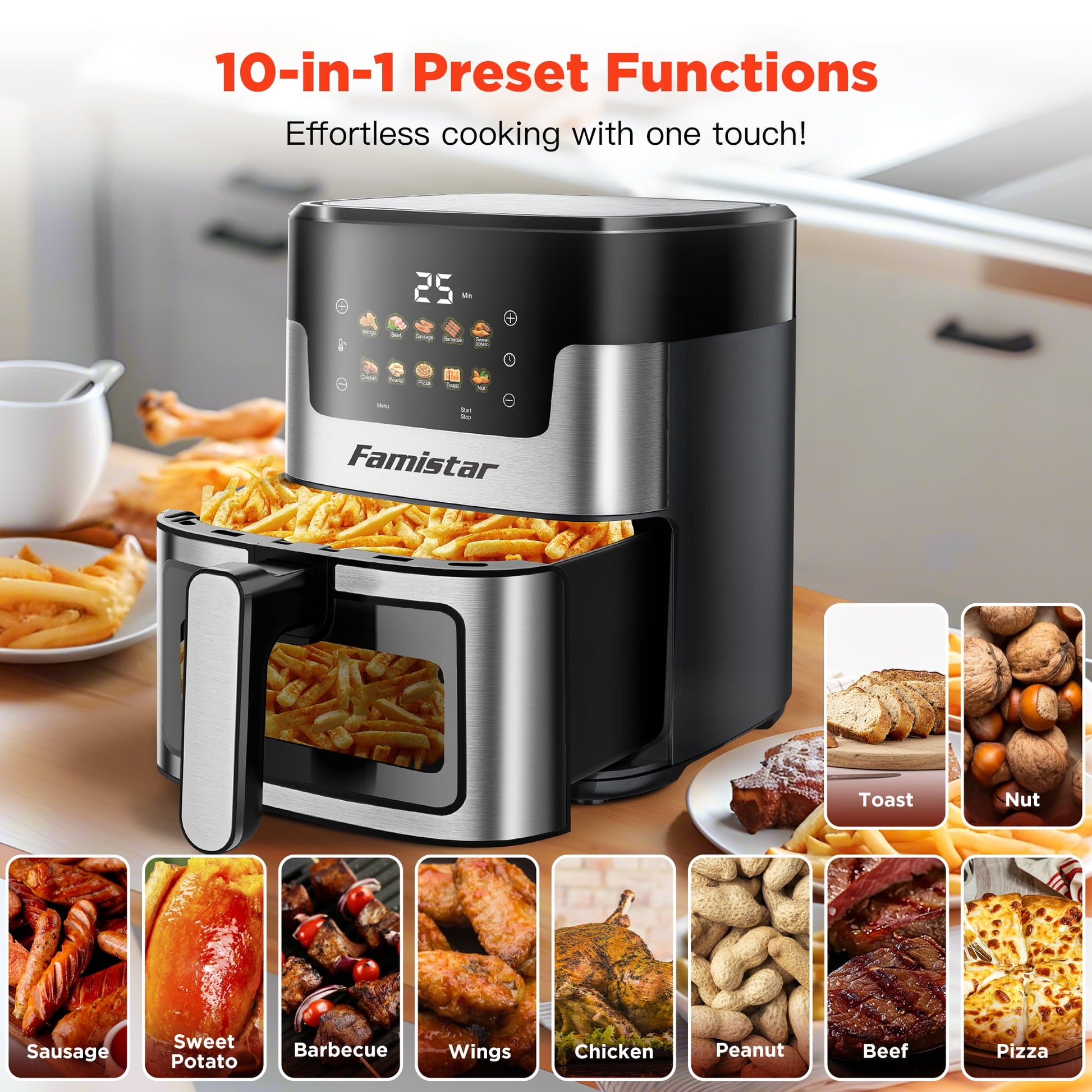 Portable 7.5 QT Air Fryer Oven with 10 Preset Cookings, 10-in-1 Touch Screen, Visible Window, Dishwasher-Safe, Oiless Hot Air Fryer, Includes 100Pcs Paper Liners