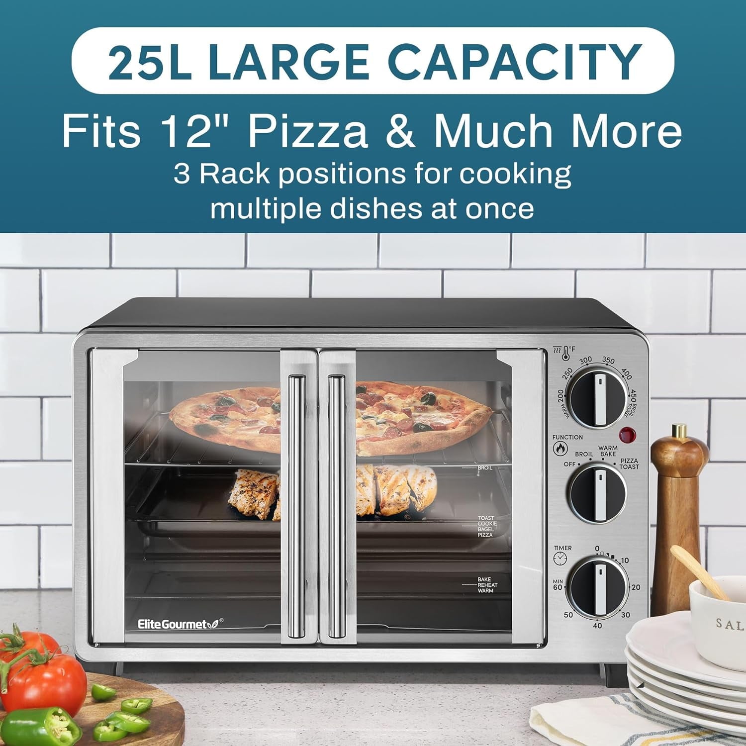 Double French Door Toaster Oven, 25L Capacity, Stainless Steel & Black