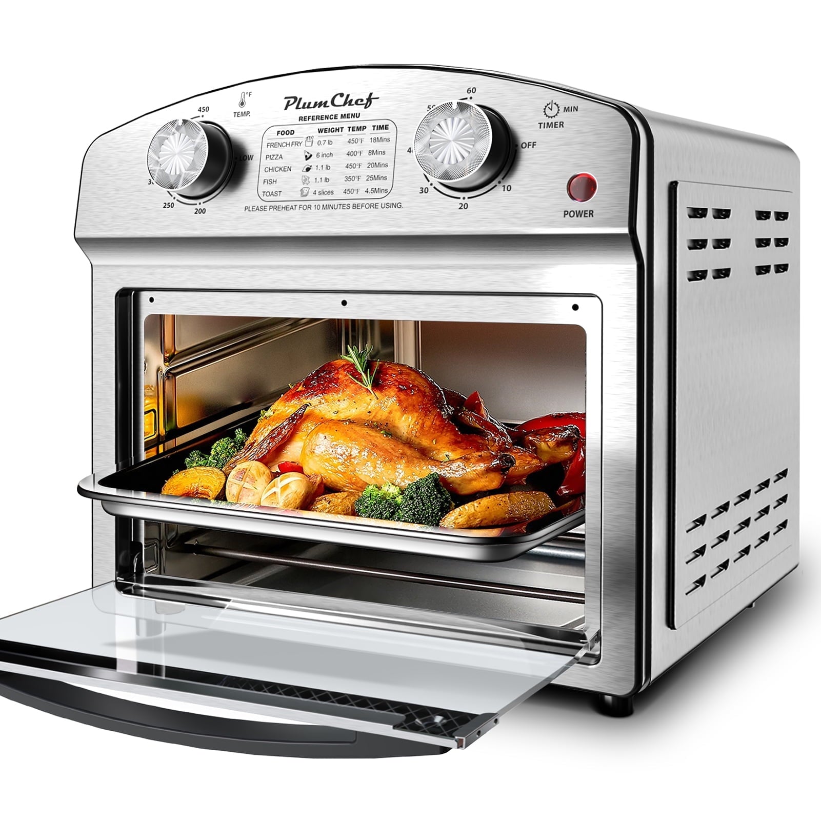 Plum Chef 13 Quart Air Fryer, Large Air Fryer Oven Toaster Combo w/ 60 Minute Timer , Convection Oven Countertop, Accessories, UL Certified, Nonstick, Accessories Included, 1500W, Sliver