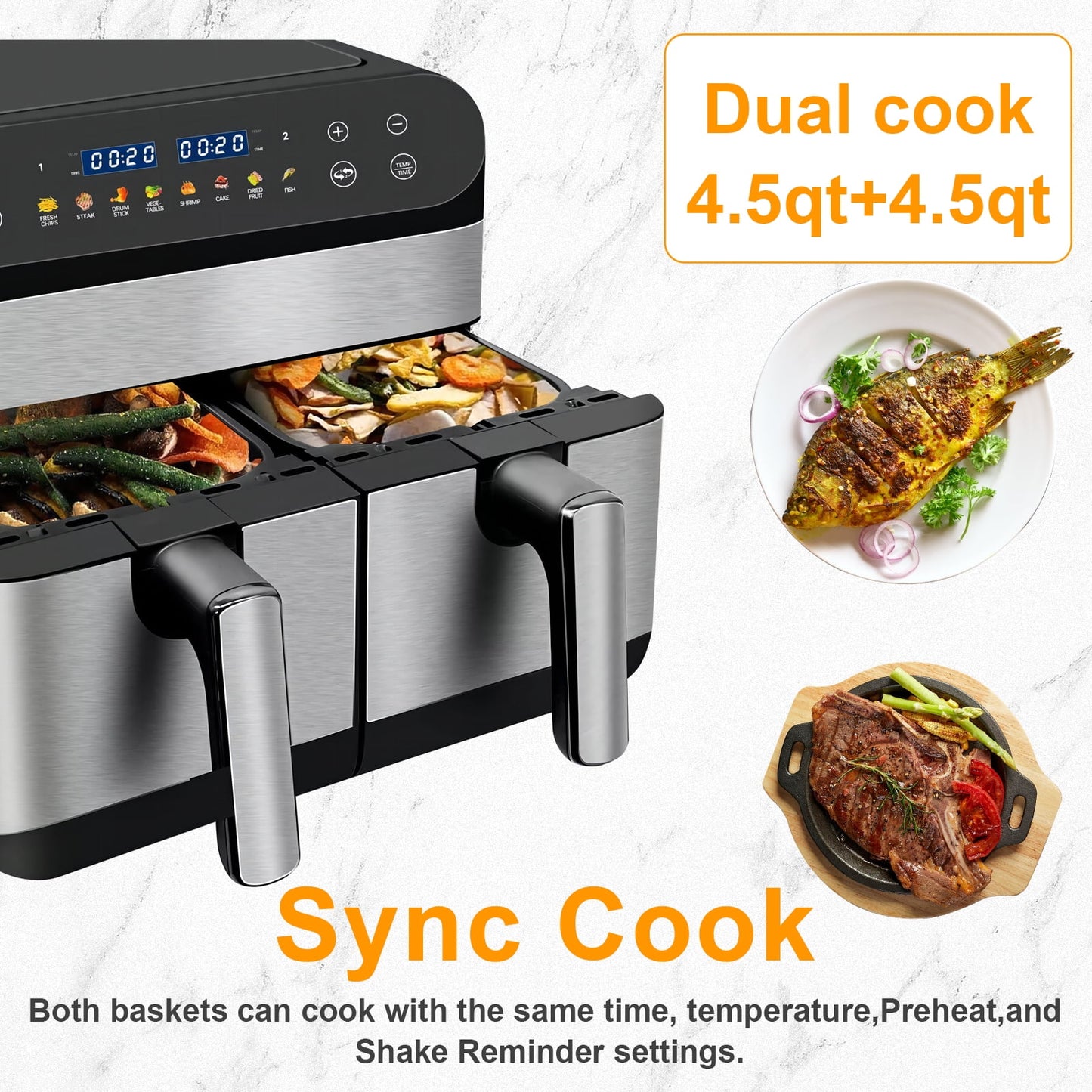 Jacgood 8-In-1 Dual Basket Digital Air Fryer Oven w/ Touch Screen, 2 Independent 9.5 QT Baskets For Cooking - 1800W, New