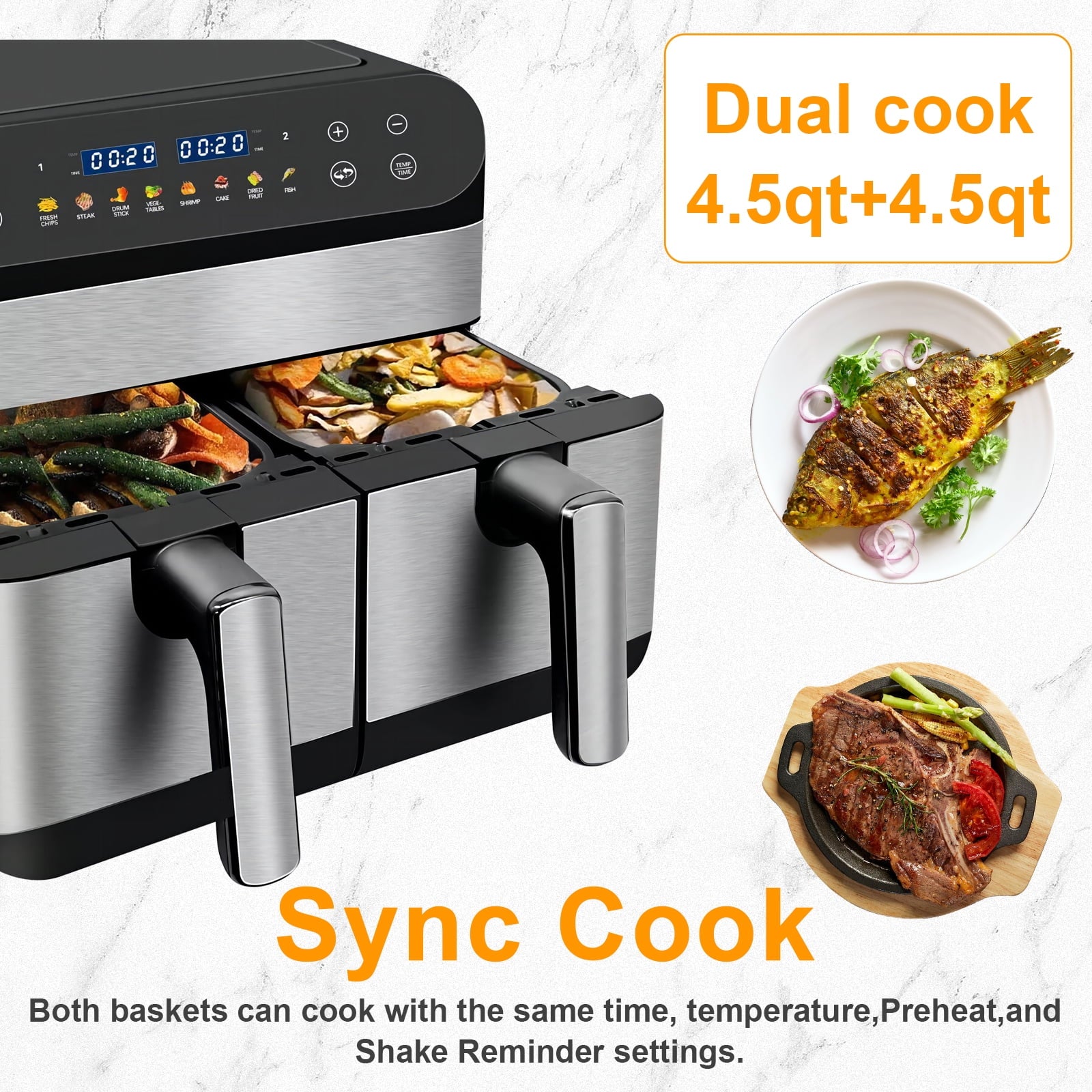 Jacgood 8-In-1 Dual Basket Digital Air Fryer Oven w/ Touch Screen, 2 Independent 9.5 QT Baskets For Cooking - 1800W, New