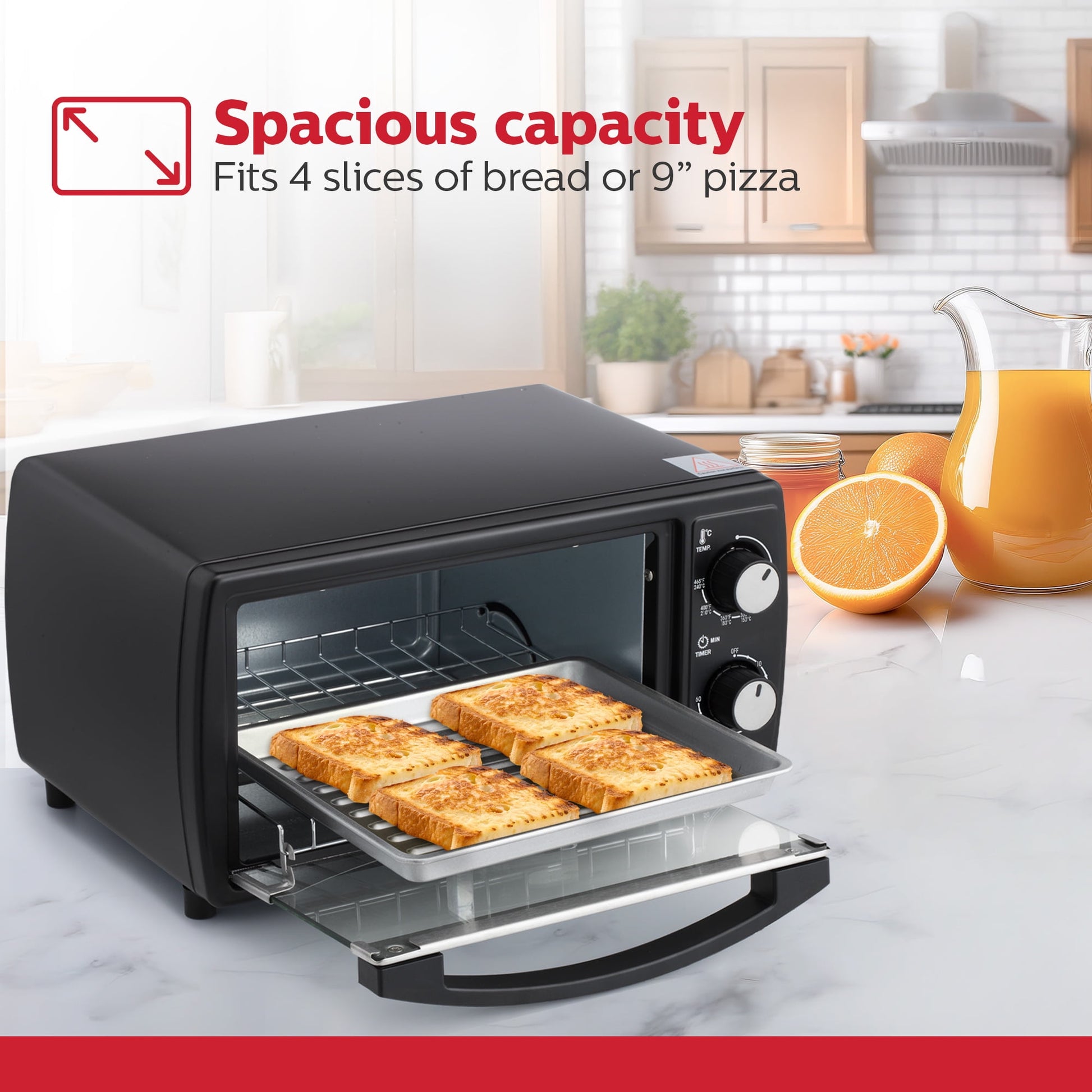 Holstein Housewares 4 Slice Countertop Toaster Oven with 60 Minute Timer Includes Pan and Wire Rack, Bake, Broil, Toast, Black