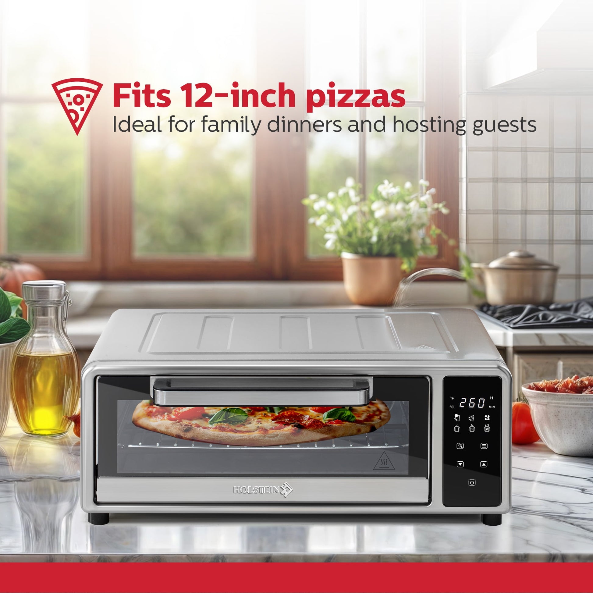 Holstein Housewares Pizza Air Fryer Oven 600°F – 12-Inch Countertop Convection Oven with Air Fryer, Bake, Toast, and Broil Functions, 1700W, Compact Design for Quick Meals, Stainless Steel