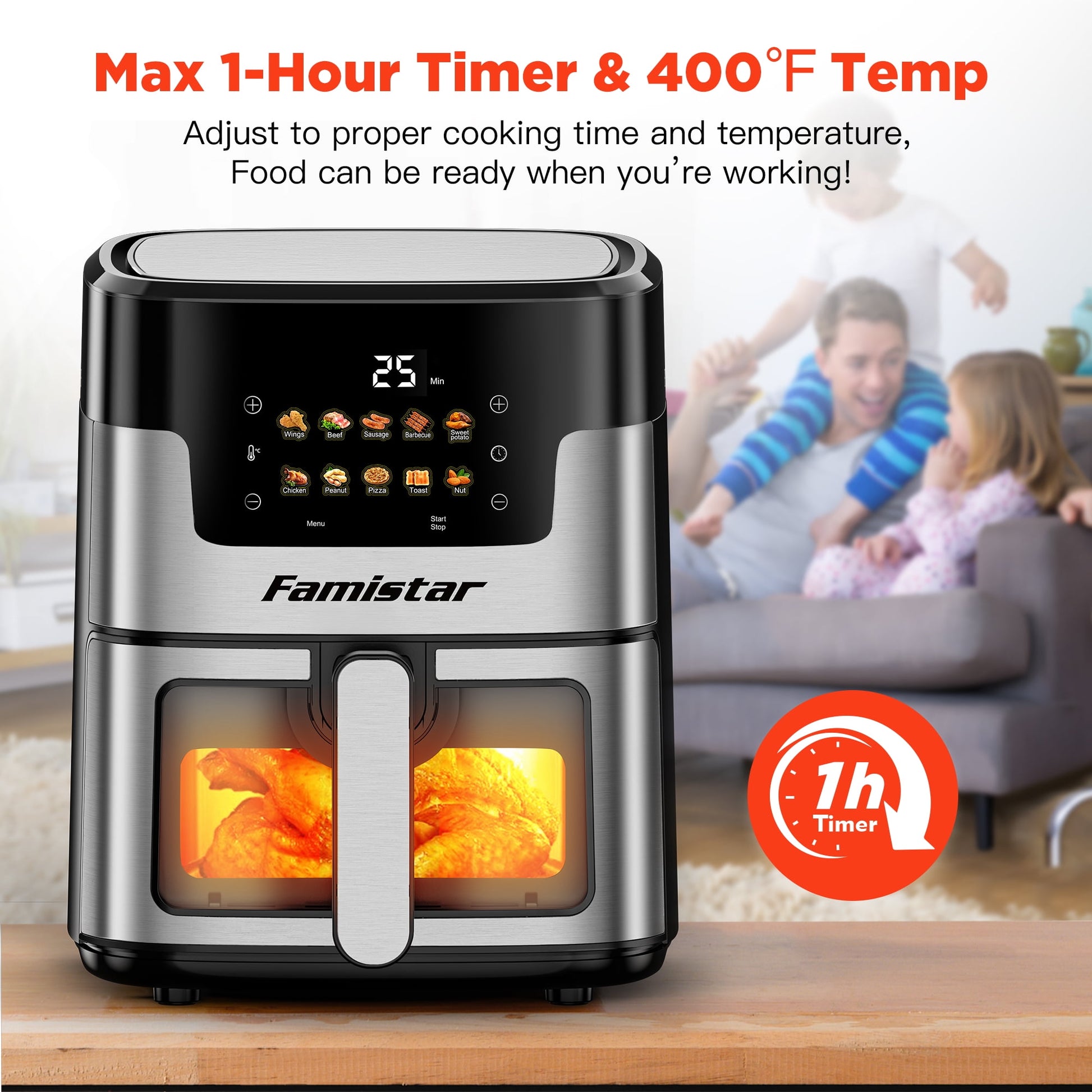 Portable 7.5 QT Air Fryer Oven with 10 Preset Cookings, 10-in-1 Touch Screen, Visible Window, Dishwasher-Safe, Oiless Hot Air Fryer, Includes 100Pcs Paper Liners