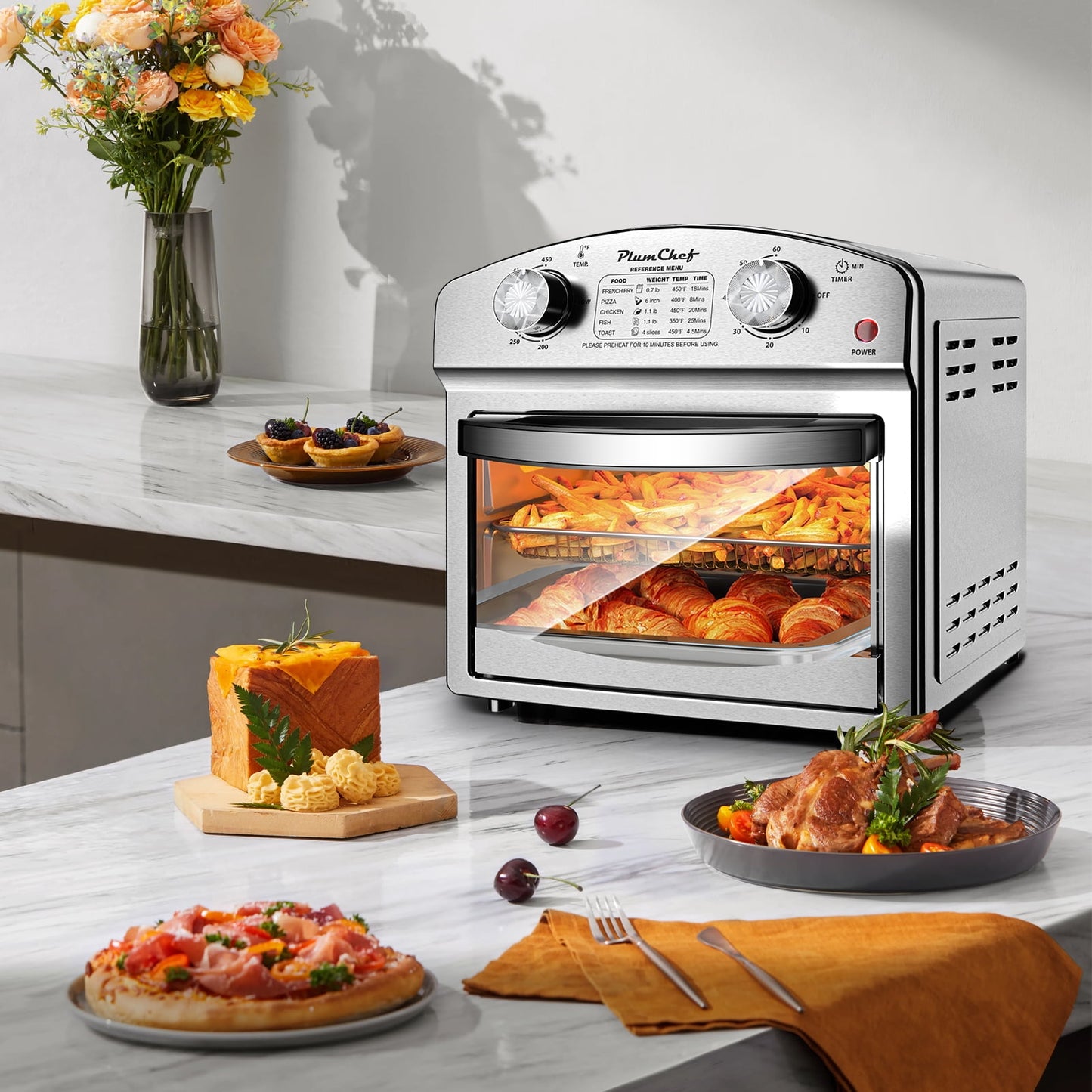 Plum Chef 13 Quart Air Fryer, Large Air Fryer Oven Toaster Combo w/ 60 Minute Timer , Convection Oven Countertop, Accessories, UL Certified, Nonstick, Accessories Included, 1500W, Sliver