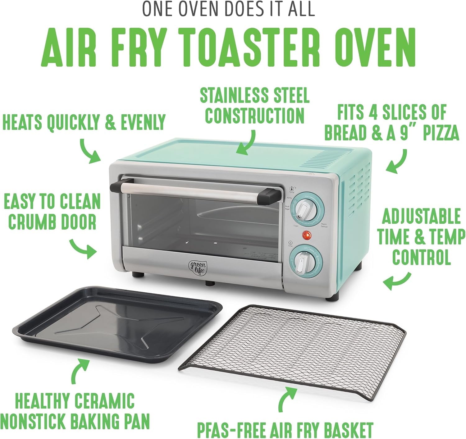 Countertop Toaster Oven  Fryer Stainless Steel, Healthy Ceramic Nonstick, PFAS and PFOA-, Tray & Basket, Bake, Broil, Reheat, Adjustable Temp &  Control, Auto Shutoff, Turquoise