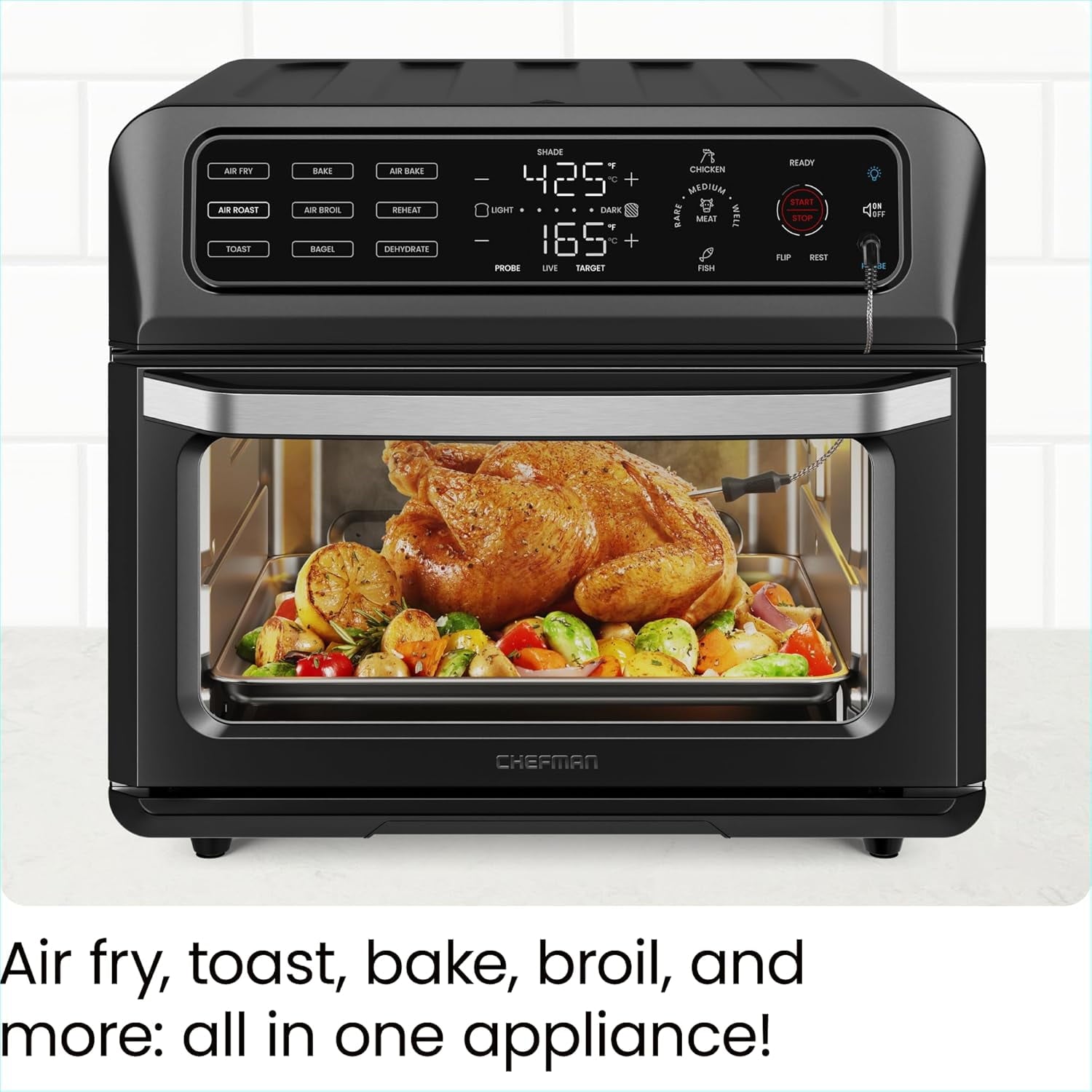 Chefman 12-in-1 Air Fryer Oven Combo w/ Probe Thermometer, 20 Qt Capacity - Black Stainless Steel, New
