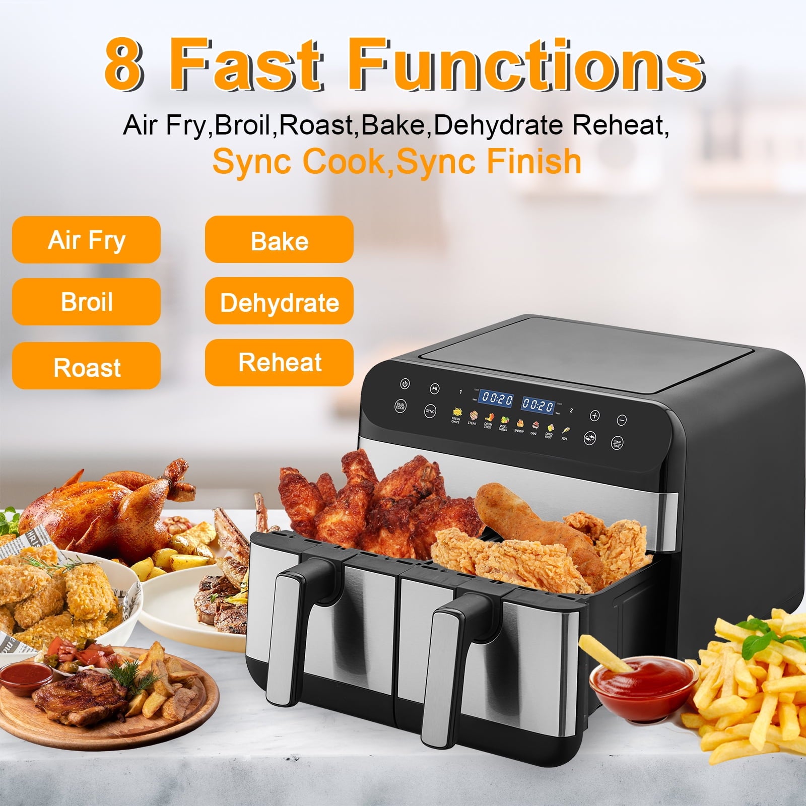 Jacgood 8-In-1 Dual Basket Digital Air Fryer Oven w/ Touch Screen, 2 Independent 9.5 QT Baskets For Cooking - 1800W, New