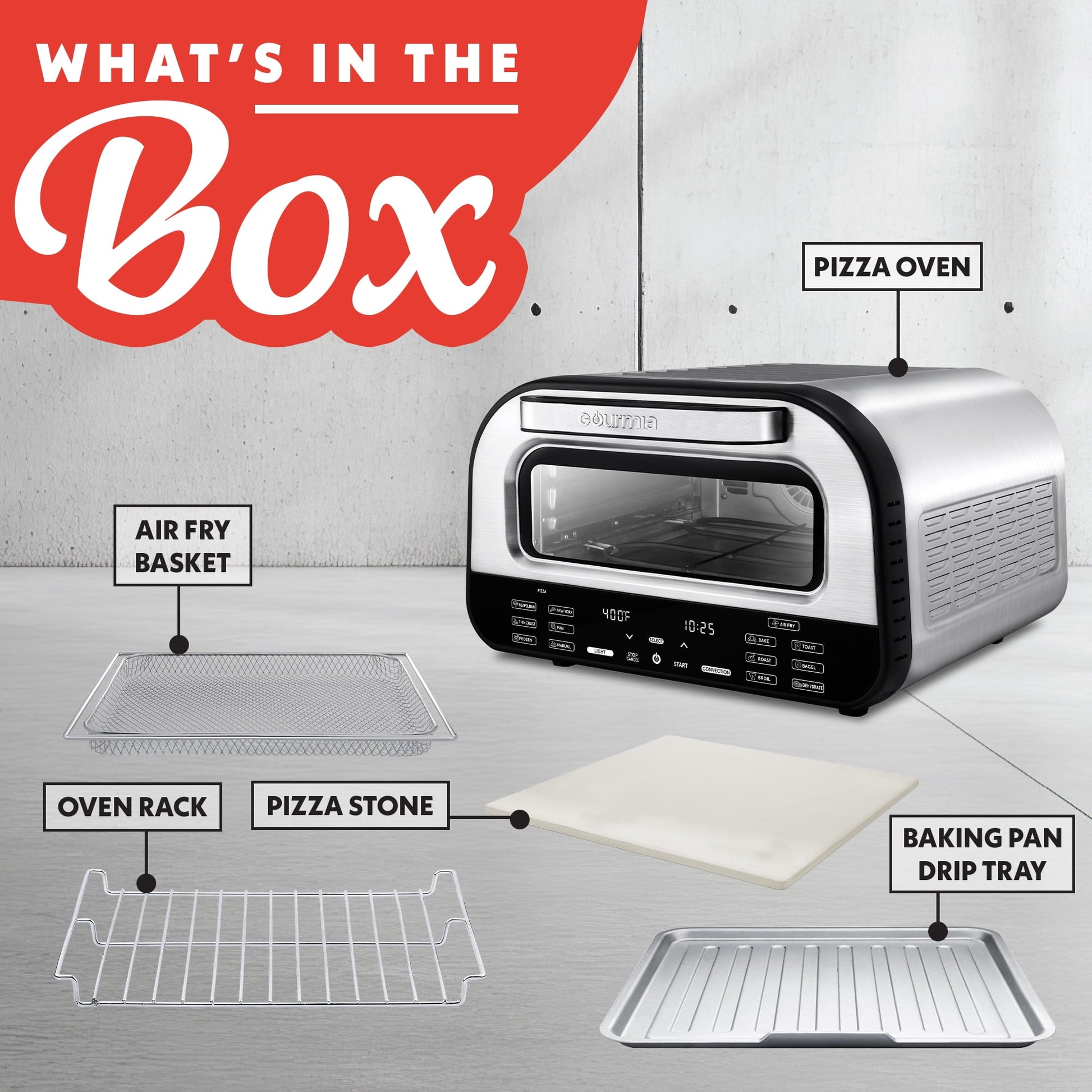 Gourmia GPM1270 All-In-One Pizza Oven, Toaster, and Air Fryer with 6 Pizza Presets and 7 Cooking Functions - Stainless Steel