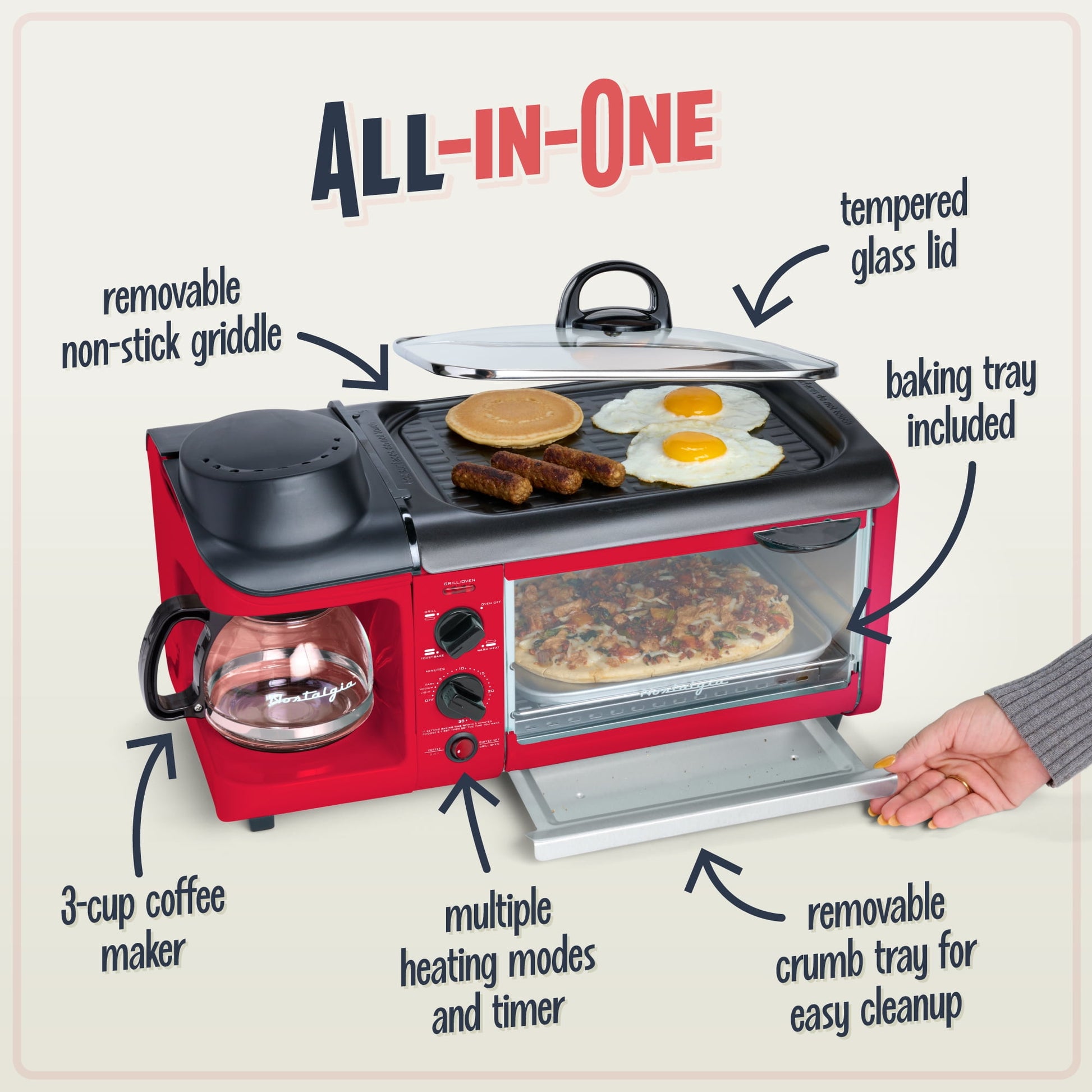 Nostalgia BST3RR Retro 3-in-1 Family Size Electric Breakfast Station, Coffeemaker, Griddle, Toaster Oven - Retro Red