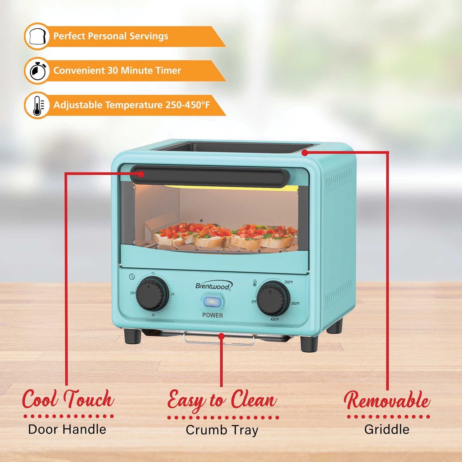 Brentwood 101-Oz. (3 L) 500-Watt Stainless Steel Mini Toaster Oven (Blue), TS-3430BL