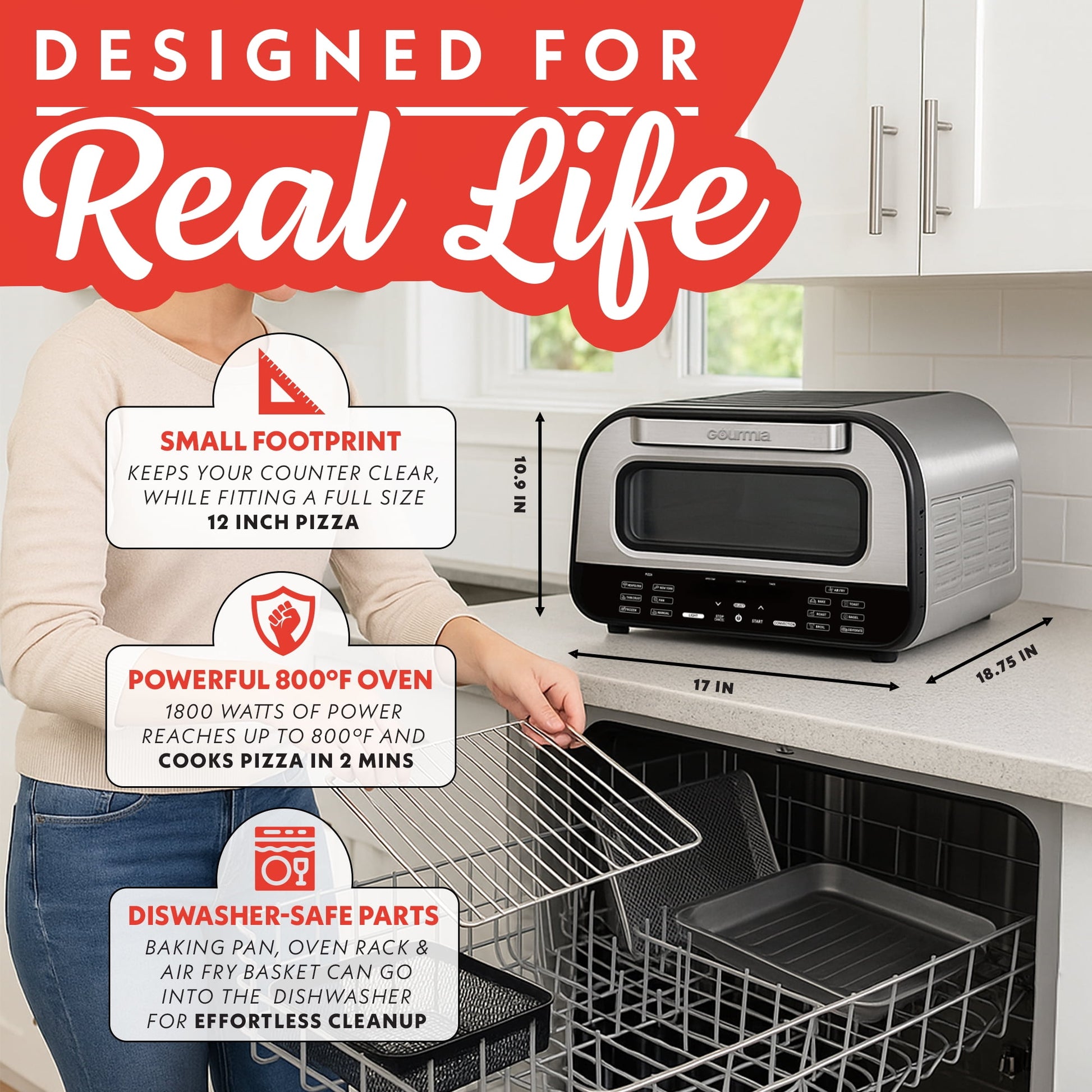 Gourmia GPM1270 All-In-One Pizza Oven, Toaster, and Air Fryer with 6 Pizza Presets and 7 Cooking Functions - Stainless Steel