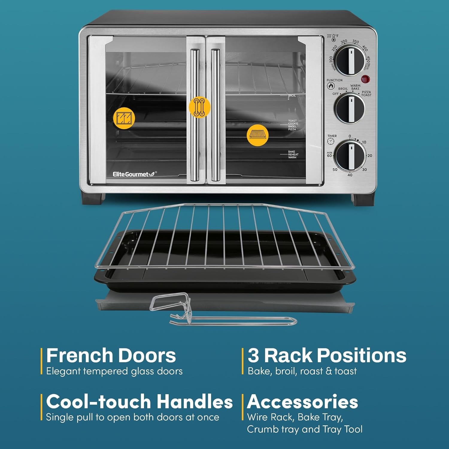 Double French Door Toaster Oven, 25L Capacity, Stainless Steel & Black