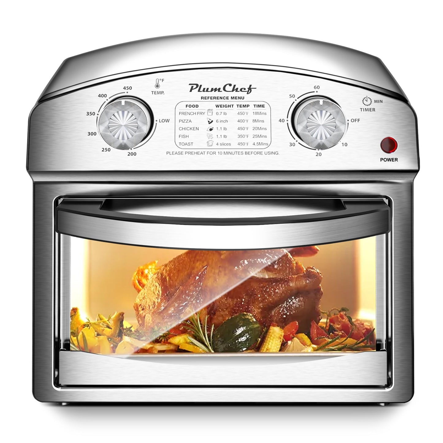 Plum Chef 13 Quart Air Fryer, Large Air Fryer Oven Toaster Combo w/ 60 Minute Timer , Convection Oven Countertop, Accessories, UL Certified, Nonstick, Accessories Included, 1500W, Sliver