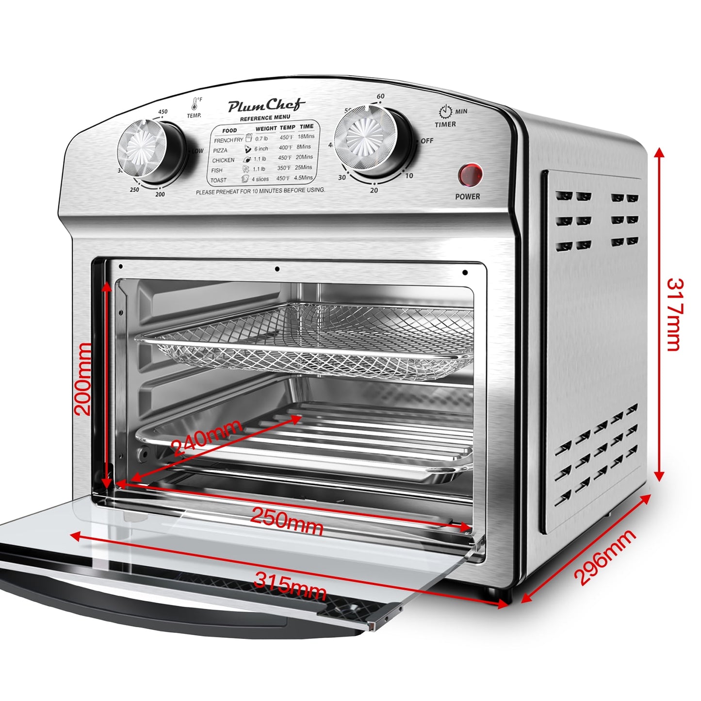 Plum Chef 13 Quart Air Fryer, Large Air Fryer Oven Toaster Combo w/ 60 Minute Timer , Convection Oven Countertop, Accessories, UL Certified, Nonstick, Accessories Included, 1500W, Sliver
