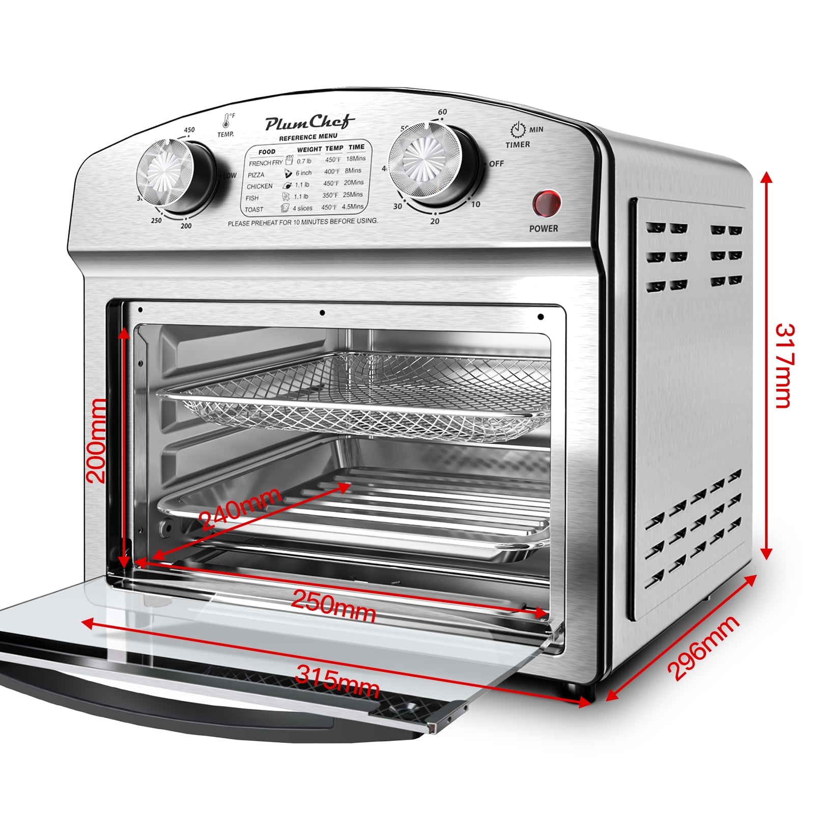 Plum Chef 13 Quart Air Fryer, Large Air Fryer Oven Toaster Combo w/ 60 Minute Timer , Convection Oven Countertop, Accessories, UL Certified, Nonstick, Accessories Included, 1500W, Sliver