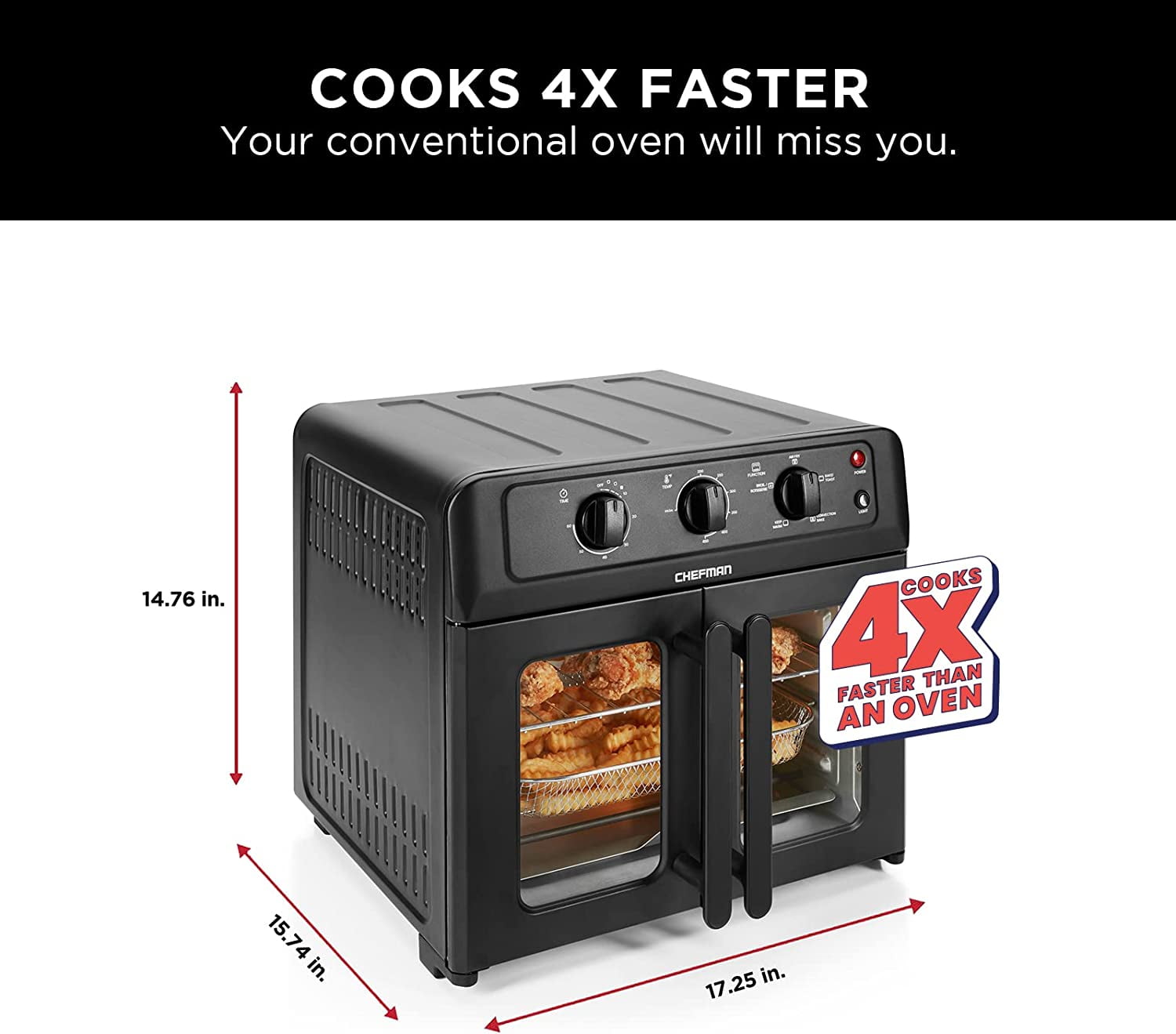Chefman XL Air Fryer Oven w/ French Doors, 26 Qt Capacity, 5 Functions - Black